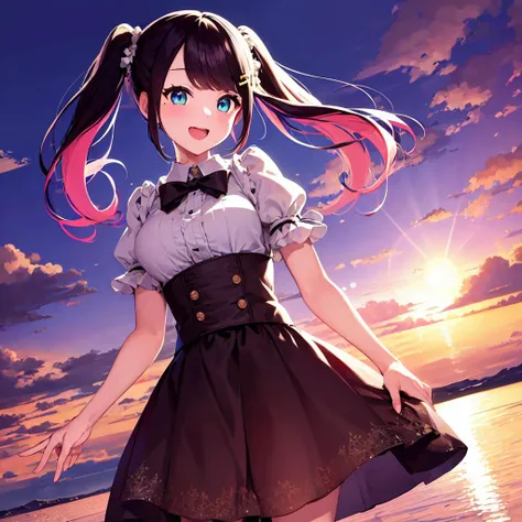 masterpiece, best quality, photorealistic, 3D, shiny_skin, shiny_hair, dynamic angle, beautiful detailed glow, HDR, Rembrandt lighting, colorful refraction, lens flare, bloom, film Reflection, chromatic aberration, light diffusion, public indecency, cowboy shot, deep meaning, physically-based rendering, bright, vibrant, intricate, kaga nazuna,solo,1girl,<lora:kaga nazuna:0.8>,multi-colored hair,twin tail, :d