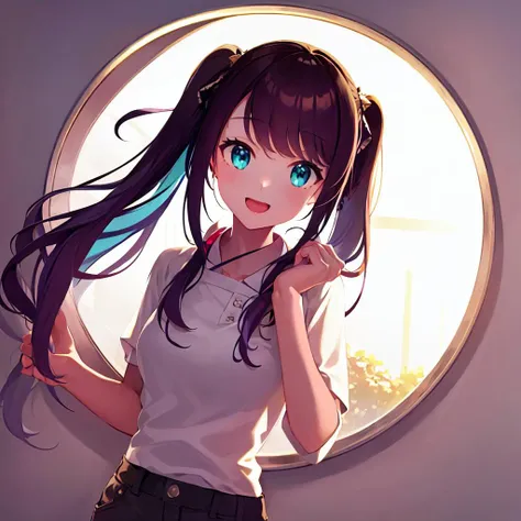 masterpiece, best quality, photorealistic, 3D, shiny_skin, shiny_hair, dynamic angle, beautiful detailed glow, HDR, Rembrandt lighting, colorful refraction, lens flare, bloom, film Reflection, chromatic aberration, light diffusion, public indecency, cowboy shot, deep meaning, physically-based rendering, bright, vibrant, intricate, kaga nazuna,solo,1girl,<lora:kaga nazuna:0.8>,multi-colored hair,twin tail, :d