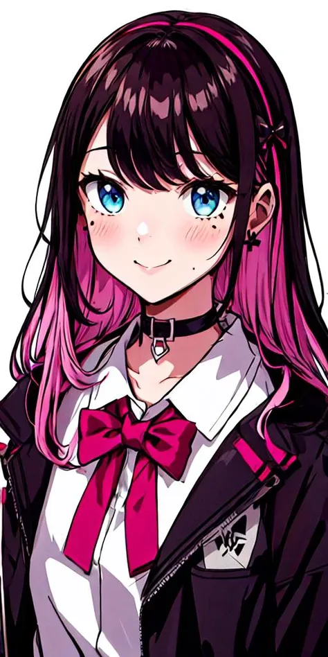 kaga nazuna,<lyco:kaga nazuna:0.8>,1girl, solo, virtual youtuber, smile, blue eyes, mole, mole under eye, two side up, hair behind ear, white background, shirt, choker, bow, multicolored hair, looking at viewer, long hair, pink jacket, jacket, bangs, collared shirt, brown hair, white shirt, black hair, black choker, pink hair, colored inner hair, blush