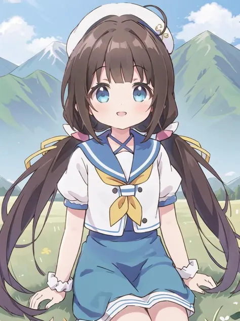 1girl,hinatsuru ai,solo,blue eyes,low twintails,ahoge,white beret,hair ribbon,summer_sailor_collar,neck strap,yellow neckerchief,puffy short sleeves,layered sleeves,white wrist scrunchie,blue skirt,smile,grass,mountain,<lora:Hinatsuru ai-summer_lora_2024.10.13-version1:0.5>,