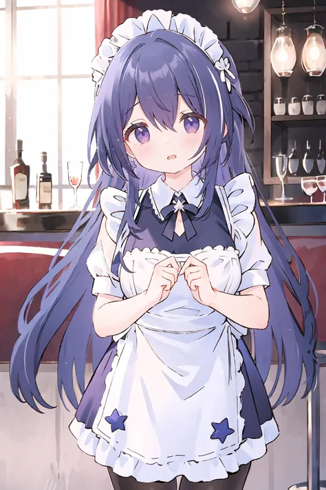 1girl, acheron \(honkai: star rail\), solo, maid, maid headdress, maid apron, embarrassed, pantyhose, open mouth, blush, parted lips, looking at viewer, cowboy shot, bar \(place\), indoors, depth of field