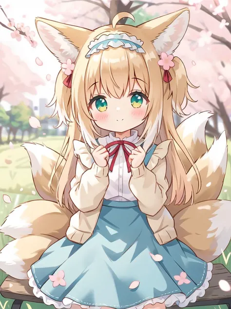 1girl,suzuran (arknights),animal ears,solo,fox girl,fox ears,white shirt,fox tail,closed mouth,blue frilled hairband,looking at viewer,blush,puffy long sleeves,(multiple tails),smile,sleeves past wrists,hands up,two side up,brown open cardigan,red neck ribbon,(cyan_high-waisted_skirt),ears down,grass,blush,plaid,flower,pink flower,blurry background,blurry foreground,looking at viewer,park bench,outdoors,cherry blossoms,ahoge,cityscape, <lora:suzuran (arknights)-Spring praise:0.5>