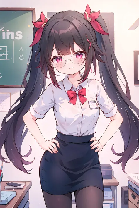 1girl, sparkle \(honkai: star rail\), twintails, solo, office lady, white collared shirt, pencil skirt, pantyhose, glasses, looking at viewer, hand on hip, office, indoors, depth of field, gasping, ecstasy, seductive smile <lora:face-sensualface_type2:0.8>
