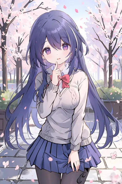 1girl, acheron \(honkai: star rail\), solo, school uniform, white shirt, sweater, pleated skirt, pantyhose, light smile, looking at viewer, outdoors, street, cherry blossoms, petals, depth of field