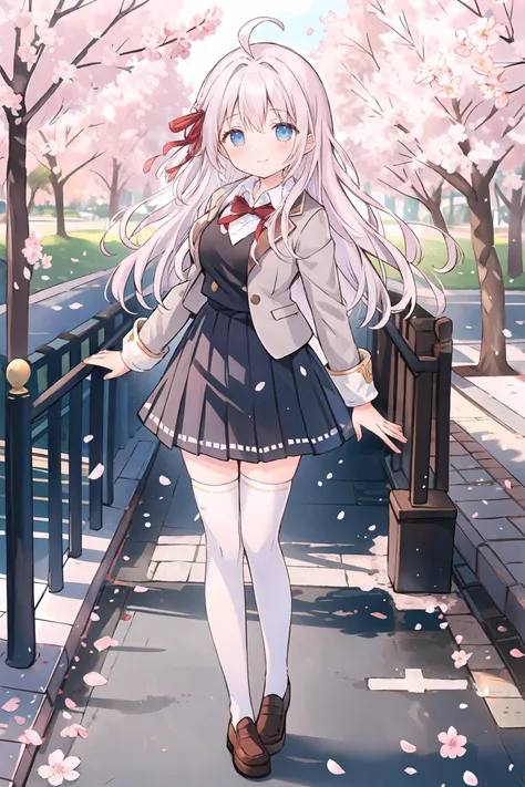 1girl, alisa mikhailovna kujou, hair ribbon, solo, white thighhighs, loafers, pleated skirt, collared shirt, bowtie, smile, hair ribbon, blazer, vest,, standing, full body, light smile, looking at viewer, outdoors, street, cherry blossoms, petals, depth of field