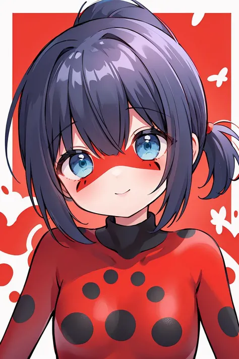 (masterpiece, best quality), 1girl, <lora:Ladybug:1> Dark blue, bob-cut hair with a ponytail, red mask with black spots, greenish-blue eyes, smiling expression, red suit with black spots