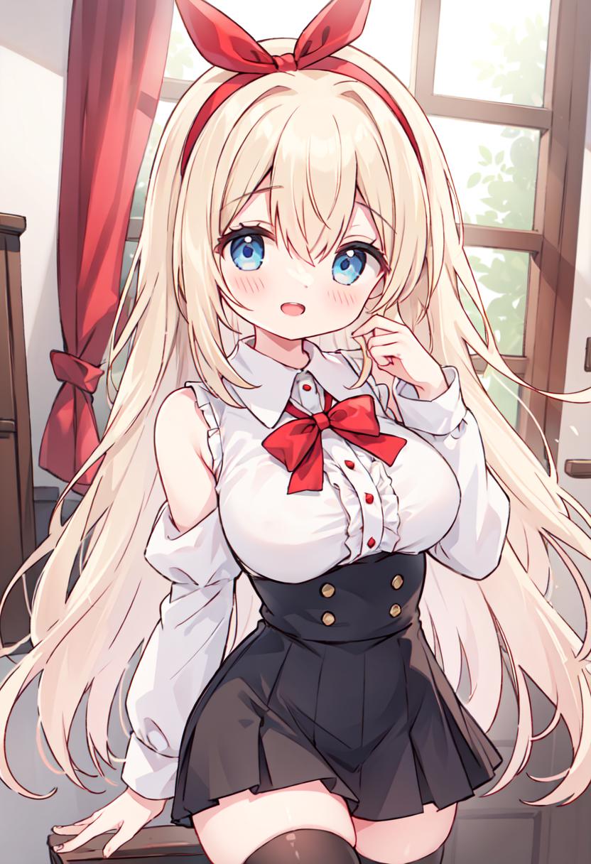 Anime girl with long blonde hair and blue eyes posing in a room - SeaArt AI