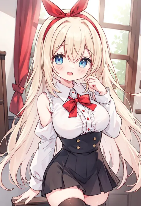 oldest, highly detailed, high res, best quality, 1girl,solo,a beautiful mature woman, nice hands, perfect hands
BREAK  (white ruffled white blouse, sleeveless:1.3), [bare shoulders:0.7],(white detached puffy sleeves, white long sleeves:1.2), (highneck collar, red bowtie:1.2),(red hairband with [red rabbit ears:(red ribbon):0.2] on top:1.2)
BREAK (black high-waist skirt:1.2), (black thighhighs:1.3)
BREAK happy smile, laugh, open mouth, upper tooth
BREAK standing, cowboy shot, looking at viewer,
BREAK adult, mature, perfect symmetrical face, ultra beautiful face, detailed eyes, detailed hair, ultra beautiful, blush,(eyelids,eyeshadow,eyelashes:1.2) 
BREAK in european streel, depth of field, ultra detailed background 
BREAK curvy, huge breasts, (moisty skin:1.1) 
BREAK blonde hair, long hair, (blue eyes)