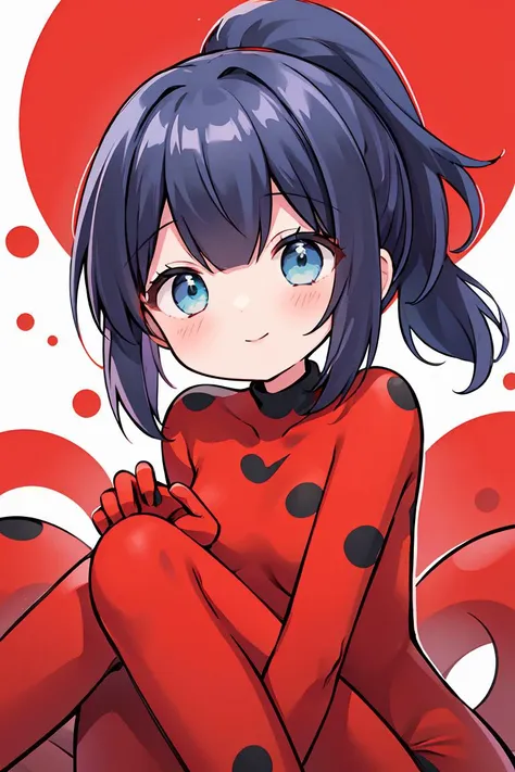 (masterpiece, best quality), 1girl, <lora:Ladybug:1> Dark blue, bob-cut hair with a ponytail, red mask with black spots, greenish-blue eyes, smiling expression, red suit with black spots