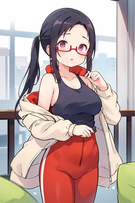 (masterpiece, best quality), 1girl,   <lora:sato:1> sato, glasses, red-framed eyewear, under-rim eyewear, blue tank top, track jacket, open jacket, track pants,