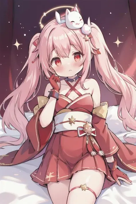 1girl, sparkle \(honkai: star rail\), twintails, hair ornament, solo, off shoulder kimono, mask on head,red clothes, detached sleeves, choker, obi, single glove, wristband, criss-cross halter, thigh strap, cowboy shot, lying, bed sheet, looking at viewer, <lora:ArsEmbarrassed-t5:0.7> embarrassed, blush, @_@, covering, wavy mouth