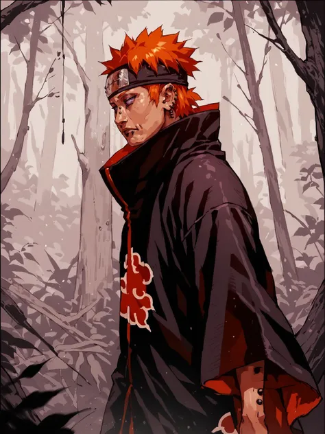 <lora:NarutoConceptStyle:0.8>, <lora:pa1nV2-08:0.8>, pa1n, purple ringed eyes, orange hair, spiked hair, short hair, forehead protector, nose piercing, ear piercing, lip piercing, long akatsuki outfit, waling, half-closed eyes, ninja, forest background, long sleeves, wide sleeves, solo, from side, <lora:SeungEunKim:0.8>, score_9, score_8_up, score_7_up