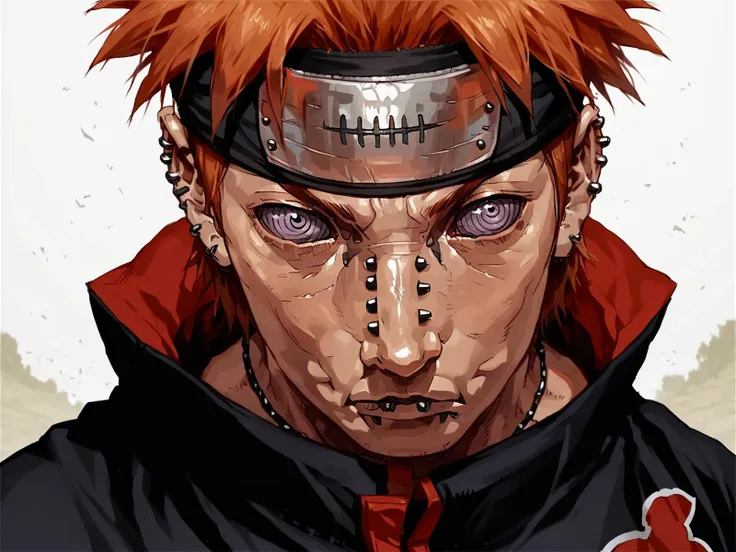 <lora:insanity-angle:0.8>, insanity-angle, <lora:pa1nV2:1>, adult man, pa1n, rinnegan, rinnegan eyes, ringed eyes, akatsuki outfit, purple eyes, orange hair, piercing, spiked hair, short hair, nose piercing, ear piercing, ninja, close up, lip piercing, standing, forehead protector, serious, field, solo, upper body, pov, <lora:Seung_Eun_Kim-000020:0.8>, score_9, score_8_up, score_7_up, realistic