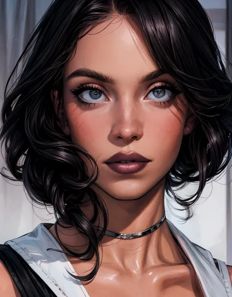 (best quality, masterpiece, super-detailed face and eyes, highres, 4K, 8K,:1.2)
(ultra-detailed graphic novel illustration style:1.2), award-winning top-rated digital art,
<lora:detail tweaker 90 CA 15:1.2>, <lora:Sydney Sweeney:0.9>, (multiple views:1.2),
young woman, black lips, grey eyes, very short black hair, choker,
posing, hi-tech sexy swimsuit,