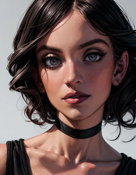 (best quality, masterpiece, super-detailed face and eyes, highres, 4K, 8K,:1.2)
(ultra-detailed graphic novel illustration style:1.2), award-winning top-rated digital art,
<lora:detail tweaker 90 CA 15:1.2>, <lora:Sydney Sweeney:0.9>, (multiple views:1.2),
young woman, black lips, grey eyes, very short black hair, choker,
posing, hi-tech sexy swimsuit,
