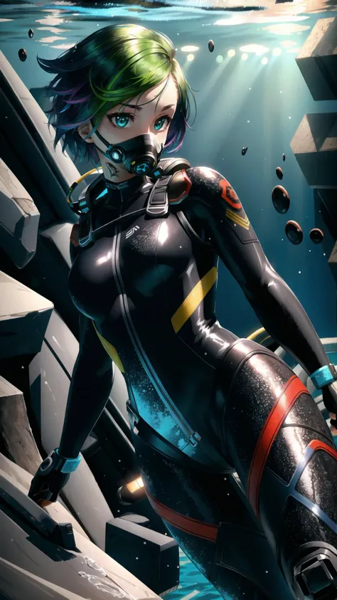 <lora:CyberJudy:0.7> CyberJudy, 1girl, rainbow hair, green hair, tattoo, cute face, BREAK, wetsuit, diving, (underwater:1.25), snorkel, diving mask, masterpiece, best quality, extremely detailed, highly quality, 4k, sharp focus, professional, sharp focus, award winning, cinematic lighting, octane render, unreal engine, volumetrics dtx, Wallpaper,
