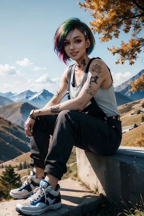 CyberJudy, tattoo, multicolored hair, short green hair,  black nails, jewelry, piercing, overalls, pants, tank top, sneakers, looking at viewer, smiling, happy, sitting, on large rock, outside, on mountain, field, trees, autumn, blue sky, extreme detail, masterpiece, <lora:CyberJudy:.7>