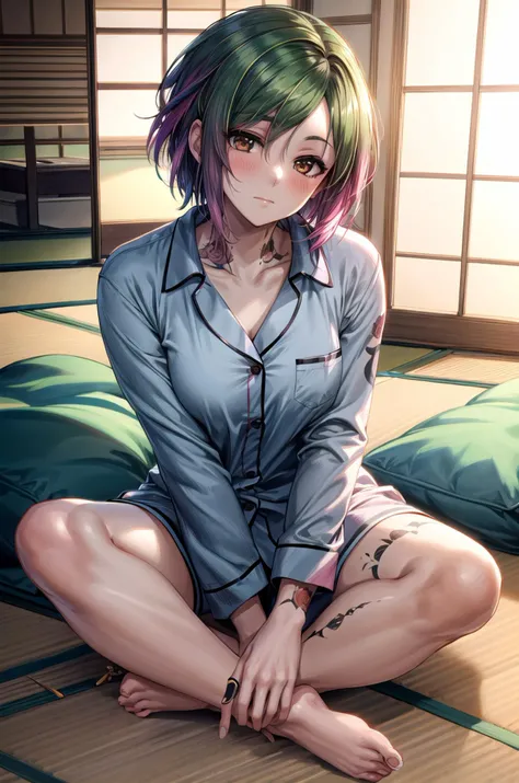 (masterpiece, best quality, detailed), 1girl, solo, CyberJudy, asymmetrical hair, green hair, pink hair, brown eyes, tattoo,
pajamas, sleepy, nightcap, indoors, tatami, sliding doors, cushion, electric fan, kotatsu, indian style, hands on feet, blush, closed mouth