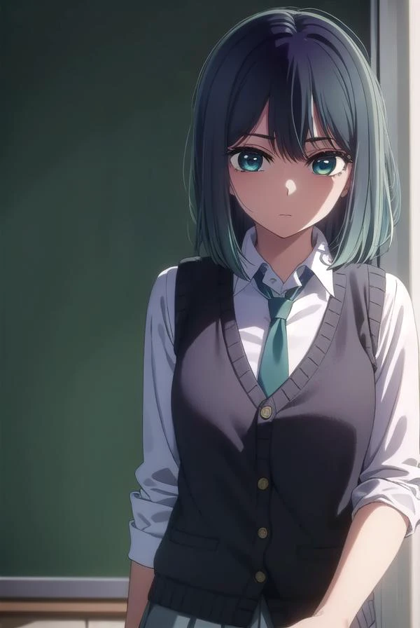 akanekurokawa, <lora:akane kurokawa s1-lora-nochekaiser:1>,
akane kurokawa, bangs, (green eyes:1.3), blue hair, medium hair, dark blue hair,
BREAK shirt, school uniform, white shirt, necktie, collared shirt, vest, blue necktie,
BREAK indoors, classroom,
BREAK looking at viewer, (cowboy shot:1.5),
BREAK <lyco:GoodHands-beta2:1>, (masterpiece:1.2), best quality, high resolution, unity 8k wallpaper, (illustration:0.8), (beautiful detailed eyes:1.6), extremely detailed face, perfect lighting, extremely detailed CG, (perfect hands, perfect anatomy),