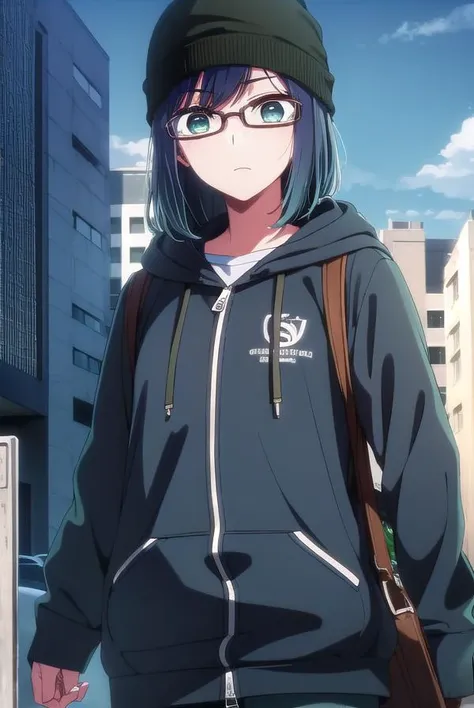 akanekurokawa, <lora:akane kurokawa s1-lora-nochekaiser:1>,
akane kurokawa, bangs, (green eyes:1.3), blue hair, medium hair, dark blue hair,
BREAK long sleeves, hat, jacket, glasses, hood, black jacket, black headwear, hoodie, hood down, red-framed eyewear, beanie,
BREAK outdoors, city, sun, sky, clouds,
BREAK looking at viewer, (cowboy shot:1.5),
BREAK <lyco:GoodHands-beta2:1>, (masterpiece:1.2), best quality, high resolution, unity 8k wallpaper, (illustration:0.8), (beautiful detailed eyes:1.6), extremely detailed face, perfect lighting, extremely detailed CG, (perfect hands, perfect anatomy),