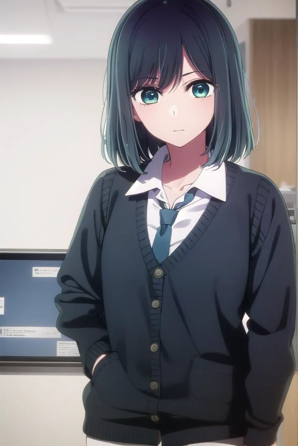 akanekurokawa, <lora:akane kurokawa s1-lora-nochekaiser:1>,
akane kurokawa, bangs, (green eyes:1.3), blue hair, medium hair, dark blue hair,
BREAK shirt, school uniform, white shirt, necktie, collared shirt, vest, blue necktie,
BREAK indoors, classroom,
BREAK looking at viewer, (cowboy shot:1.5),
BREAK <lyco:GoodHands-beta2:1>, (masterpiece:1.2), best quality, high resolution, unity 8k wallpaper, (illustration:0.8), (beautiful detailed eyes:1.6), extremely detailed face, perfect lighting, extremely detailed CG, (perfect hands, perfect anatomy),
