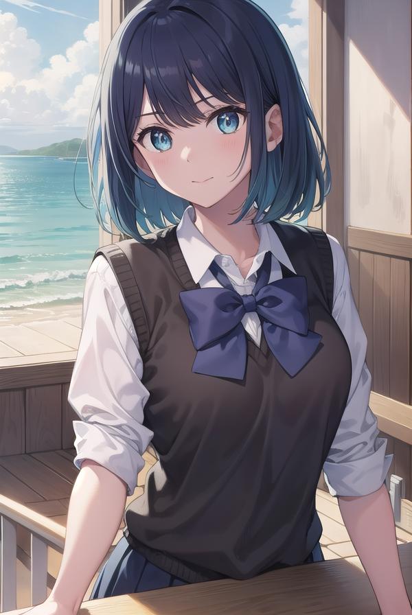 Anime girl with blue hair and a bow tie standing in front of a window ...