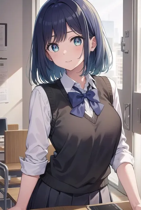 ((s Office、In the company、office building、Office、Beauty Secretary)), unparalleled masterpiece ever, Perfect Artwork, ((Perfect female figure)), female, Narrow waist, Looking at Viewer, Kamimei、Dynamic Poses、enchanting posture, clean, Beautiful face, Pure face, Shiny skin, Delicate pattern, 1girl in, Navy blue jacket、See-through blouse、greys_hair, up looking_で_viewer, Small_breasted_, Light blue_ascot, Light blue_Rose, Short_hair, Shoulder_armor, Smile, Solo, ((Navy blue pencil skirt、high-heels、full body Esbian))