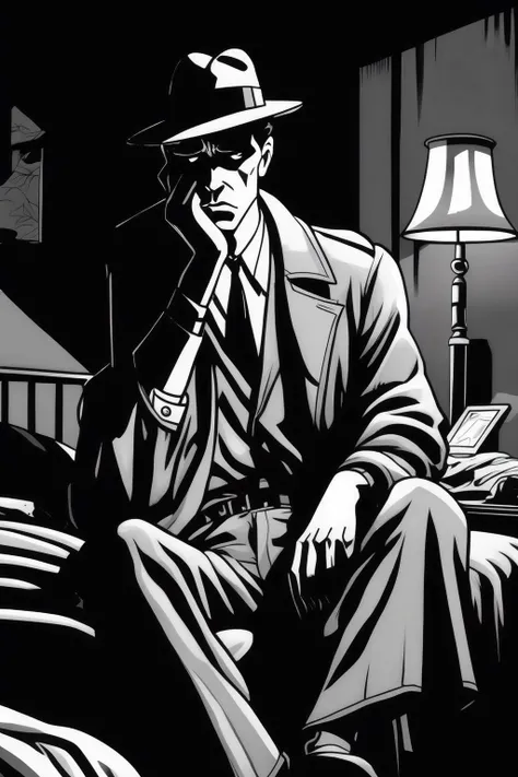 <lora:Will Eisner Style:1>Will Eisner Style - a detective sitting at the foot of his bed deep in thought and disturbed. Film noir style. Cartoon