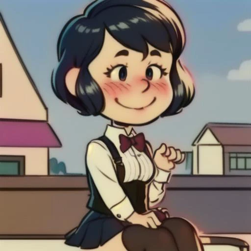 1 girl,cute, solo,beautiful detailed sky,detailed cafe,night,sitting,dating,(nose blush),(smile:1.1),(closed mouth)
medium breasts,beautiful detailed eyes,(collared shirt:1.1), bowtie,pleated skirt,(short hair:1.2),floating hair, <lora:Will Eisner Style:1>Will Eisner Style, <lora:Charles_Schulz_Style_Dim32:0.8> chibi, style parody,
