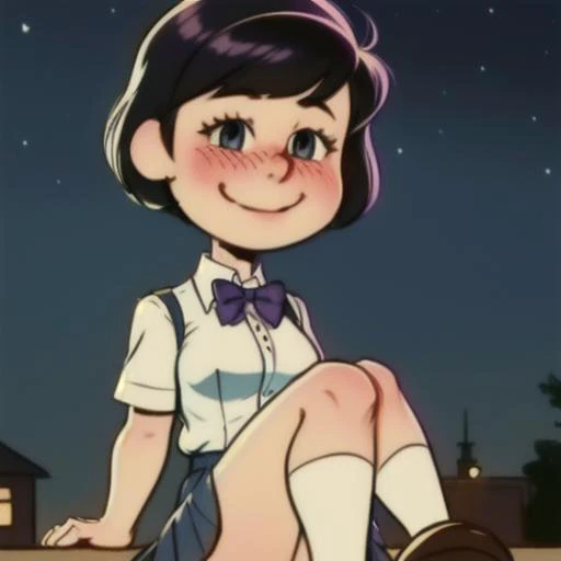1 girl,cute, solo,beautiful detailed sky,detailed cafe,night,sitting,dating,(nose blush),(smile:1.1),(closed mouth)
medium breasts,beautiful detailed eyes,(collared shirt:1.1), bowtie,pleated skirt,(short hair:1.2),floating hair, <lora:Will Eisner Style:1>Will Eisner Style, <lora:Charles_Schulz_Style_Dim32:0.8> chibi, style parody,