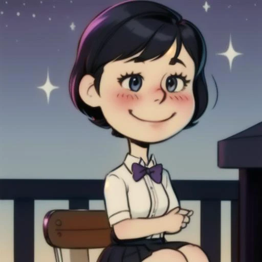 1 girl,cute, solo,beautiful detailed sky,detailed cafe,night,sitting,dating,(nose blush),(smile:1.1),(closed mouth)
medium breasts,beautiful detailed eyes,(collared shirt:1.1), bowtie,pleated skirt,(short hair:1.2),floating hair, <lora:Will Eisner Style:1>Will Eisner Style, <lora:Charles_Schulz_Style_Dim32:0.8> chibi, style parody,