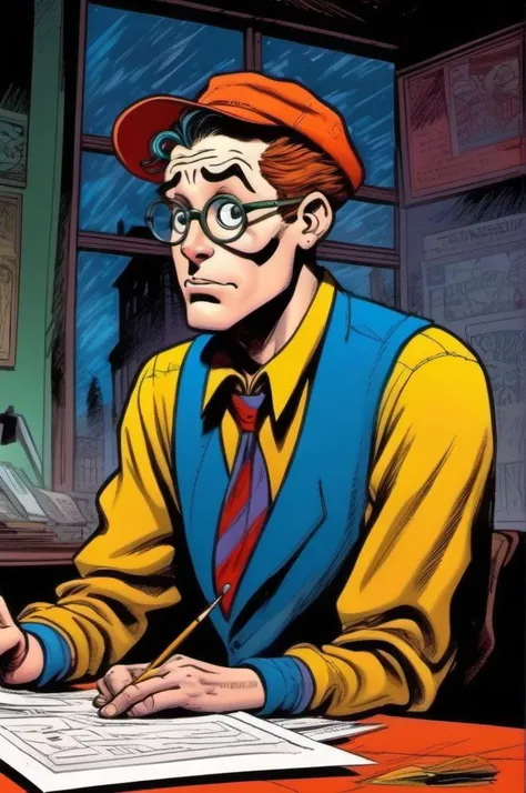 <lora:Will Eisner Style:1>Will Eisner Style - a captivating comic panel representing the focused work ethic, inspired by the artist Will Eisner. The scene showcases a character fully engrossed in their task, with dynamic lines and bold colors. The surroundings are simplified, emphasizing the character's concentration. The facial expression exudes determination and dedication. The lighting is vibrant, adding energy to the panel.