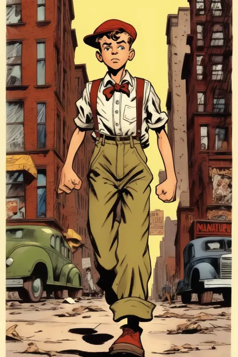 <lora:Will Eisner Style:1>Will Eisner Style - 13 year old boy walking around 1930s new york wearing rags. action pose. holding a widget. marvel comic style