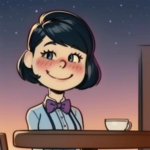 1 girl,cute, solo,beautiful detailed sky,detailed cafe,night,sitting,dating,(nose blush),(smile:1.1),(closed mouth)
medium breasts,beautiful detailed eyes,(collared shirt:1.1), bowtie,pleated skirt,(short hair:1.2),floating hair, <lora:Will Eisner Style:1>Will Eisner Style, <lora:Charles_Schulz_Style_Dim32:0.8> chibi, style parody,