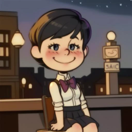 1 girl,cute, solo,beautiful detailed sky,detailed cafe,night,sitting,dating,(nose blush),(smile:1.1),(closed mouth)
medium breasts,beautiful detailed eyes,(collared shirt:1.1), bowtie,pleated skirt,(short hair:1.2),floating hair, <lora:Will Eisner Style:1>Will Eisner Style, <lora:Charles_Schulz_Style_Dim32:0.8> chibi, style parody,