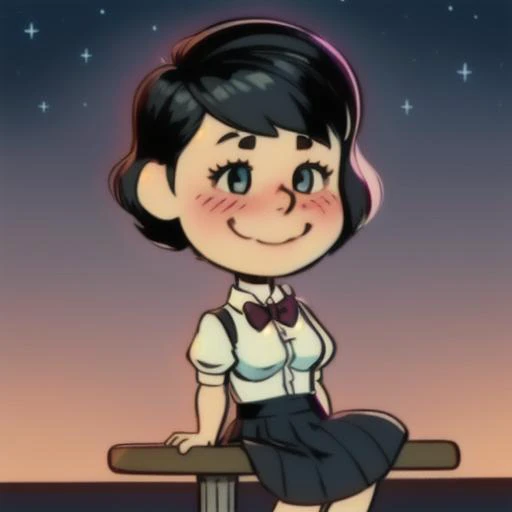 1 girl,cute, solo,beautiful detailed sky,detailed cafe,night,sitting,dating,(nose blush),(smile:1.1),(closed mouth)
medium breasts,beautiful detailed eyes,(collared shirt:1.1), bowtie,pleated skirt,(short hair:1.2),floating hair, <lora:Will Eisner Style:1>Will Eisner Style, <lora:Charles_Schulz_Style_Dim32:0.8> chibi, style parody,