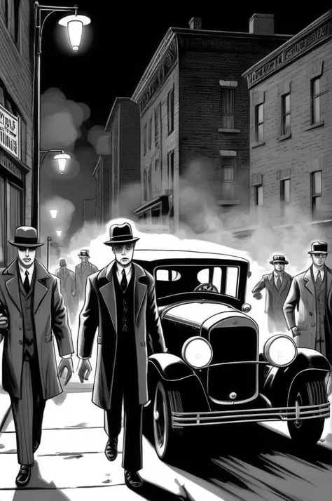 <lora:Will Eisner Style:1>Will Eisner Style - a role-playing campaign online website front page graphic novel inspired illustrations for a horror game which features a team of investigators in 1920s Pittsburgh, in the style of a black and white image showing prohibition era cars and people walking through the city streets of 1920s Pittsburgh. But there is an air of mystery, and secrets man was not meant to know. Referential painting, 32k uhd, horror.