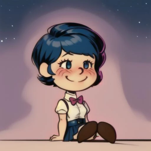 1 girl,cute, solo,beautiful detailed sky,detailed cafe,night,sitting,dating,(nose blush),(smile:1.1),(closed mouth)
medium breasts,beautiful detailed eyes,(collared shirt:1.1), bowtie,pleated skirt,(short hair:1.2),floating hair, <lora:Will Eisner Style:1>Will Eisner Style, <lora:Charles_Schulz_Style_Dim32:0.8> chibi, style parody,