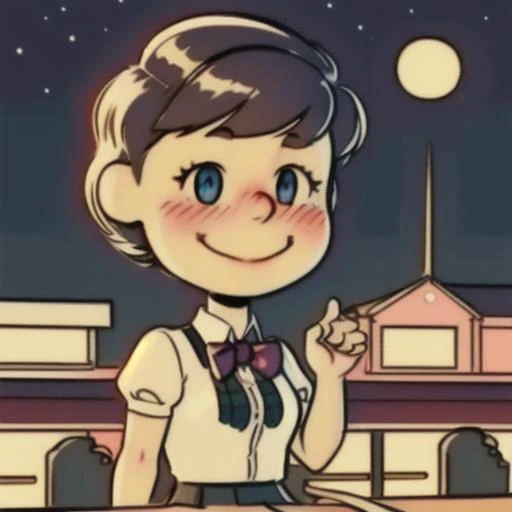 1 girl,cute, solo,beautiful detailed sky,detailed cafe,night,sitting,dating,(nose blush),(smile:1.1),(closed mouth)
medium breasts,beautiful detailed eyes,(collared shirt:1.1), bowtie,pleated skirt,(short hair:1.2),floating hair, <lora:Will Eisner Style:1>Will Eisner Style, <lora:Charles_Schulz_Style_Dim32:0.8> chibi, style parody,