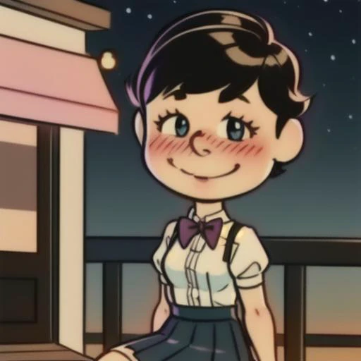1 girl,cute, solo,beautiful detailed sky,detailed cafe,night,sitting,dating,(nose blush),(smile:1.1),(closed mouth)
medium breasts,beautiful detailed eyes,(collared shirt:1.1), bowtie,pleated skirt,(short hair:1.2),floating hair, <lora:Will Eisner Style:1>Will Eisner Style, <lora:Charles_Schulz_Style_Dim32:0.8> chibi, style parody,