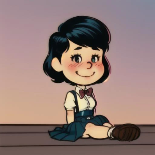1 girl,cute, solo,beautiful detailed sky,detailed cafe,night,sitting,dating,(nose blush),(smile:1.1),(closed mouth)
medium breasts,beautiful detailed eyes,(collared shirt:1.1), bowtie,pleated skirt,(short hair:1.2),floating hair, <lora:Will Eisner Style:1>Will Eisner Style, <lora:Charles_Schulz_Style_Dim32:0.8> chibi, style parody,