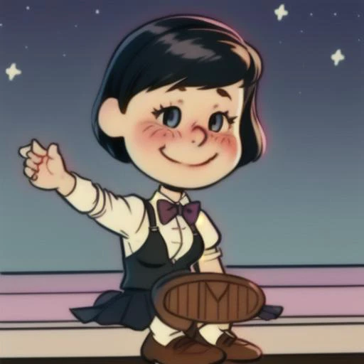 1 girl,cute, solo,beautiful detailed sky,detailed cafe,night,sitting,dating,(nose blush),(smile:1.1),(closed mouth)
medium breasts,beautiful detailed eyes,(collared shirt:1.1), bowtie,pleated skirt,(short hair:1.2),floating hair, <lora:Will Eisner Style:1>Will Eisner Style, <lora:Charles_Schulz_Style_Dim32:0.8> chibi, style parody,
