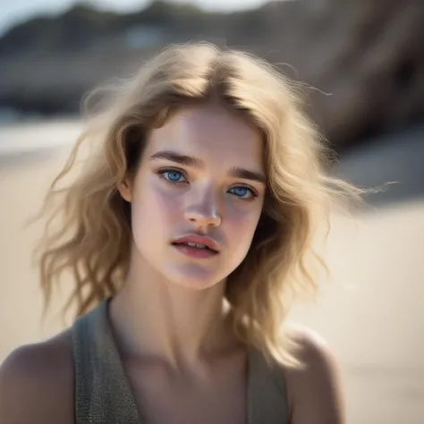 <lora:nataliavodianova_sdxlr:1> nataliavodianova, (sharp focus:1.2), photo, attractive  woman, (beautiful face:1.1), detailed eyes, luscious lips, (cat eye makeup:0.85), (large eyes:1.0), (toned body:1.2), (long hair:1.2), busty, wearing (romper:1.2) on a (beach:1.2).(arms behind head:1.2), (moody lighting:1.2), depth of field, bokeh, 4K, HDR. by (James C. Christensen:1.2|Jeremy Lipking:1.1), body freckles, beautiful eyes, beauty marks, sandy skin, sand on skin,