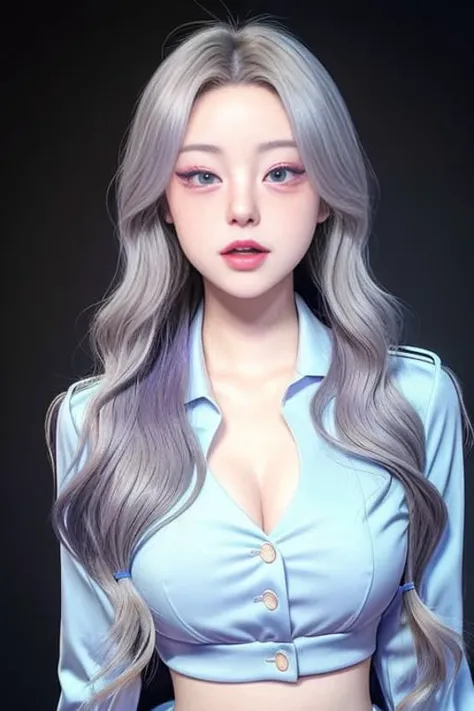 <lora:susan__k__03:1>, ulzzang-6500-v1.1:0.2, 1girl,beautiful vintage color, instagram (photorealistic, high resolution:1.4), ((puffy eyes)), looking at viewer, , full body (8k, RAW photo, best quality, masterpiece:1.2), (realistic, photo-realistic:1.37),(sharp focus:1.2), professional lighting, photon mapping, radiosity, physically-based rendering, (pale skin:1.2),(small breasts:1.2), looking at viewer, (middle hair:1.5), portrait, purple eyes, (sliver hair:1.1),bangs, (simple background:1.4), solo, upper body, realistic,(masterpiece:1.4),(best quality:1.4),(shiny skin),fashi-girl,makeup,smile(skinny,closed mouth,shy :1.3) ,(standing,black Stewardess uniform),medium bust,sexy pose