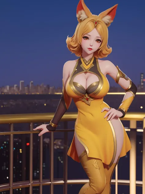 WZRYdajiYP, 1girl, solo,fox ears, blonde hair, thighhighs,orange dress, cleavage, medium breasts, short hair, red eyes,detached sleeves,clothing cutout,jewelry,cityscape, night, mature female, looking at viewer,hand on hip, <lora:WZRYdajiYP-000004:0.75>