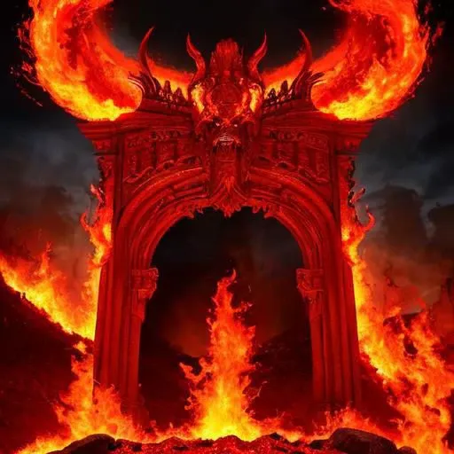 32k UHD cinematic shot of hell, intricate, gates of hell, red flames, embers detail, volcanic background,