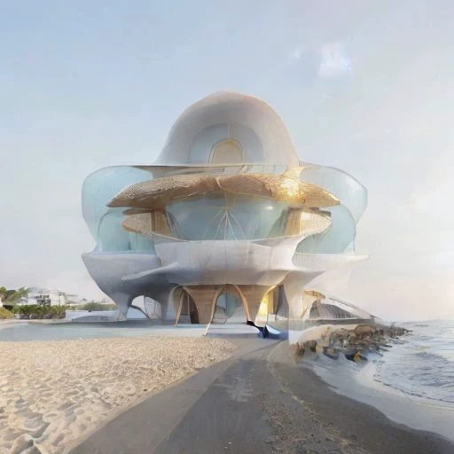 blue house with round windows and gold texture stands at the beach