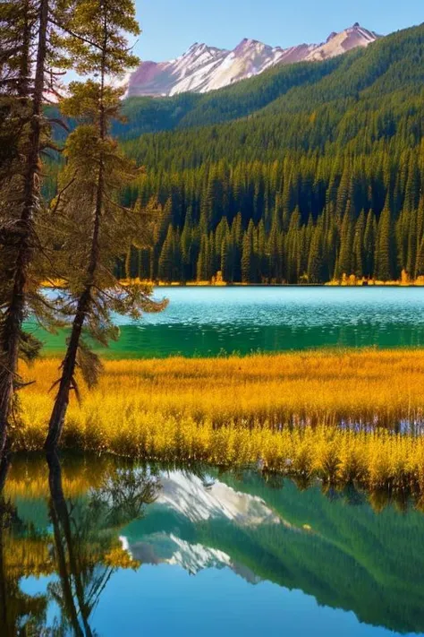 bosque hermoso con lago una montaa al fondo