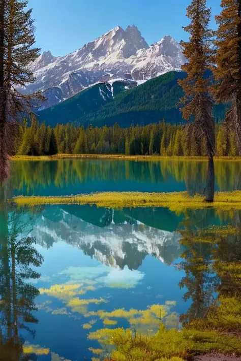 bosque hermoso con lago una montaa al fondo