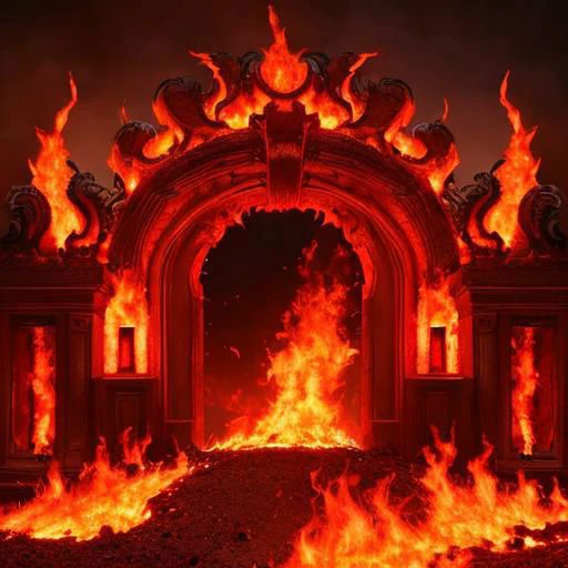 32k UHD cinematic shot of hell, intricate, gates of hell, red flames, embers detail, volcanic background,